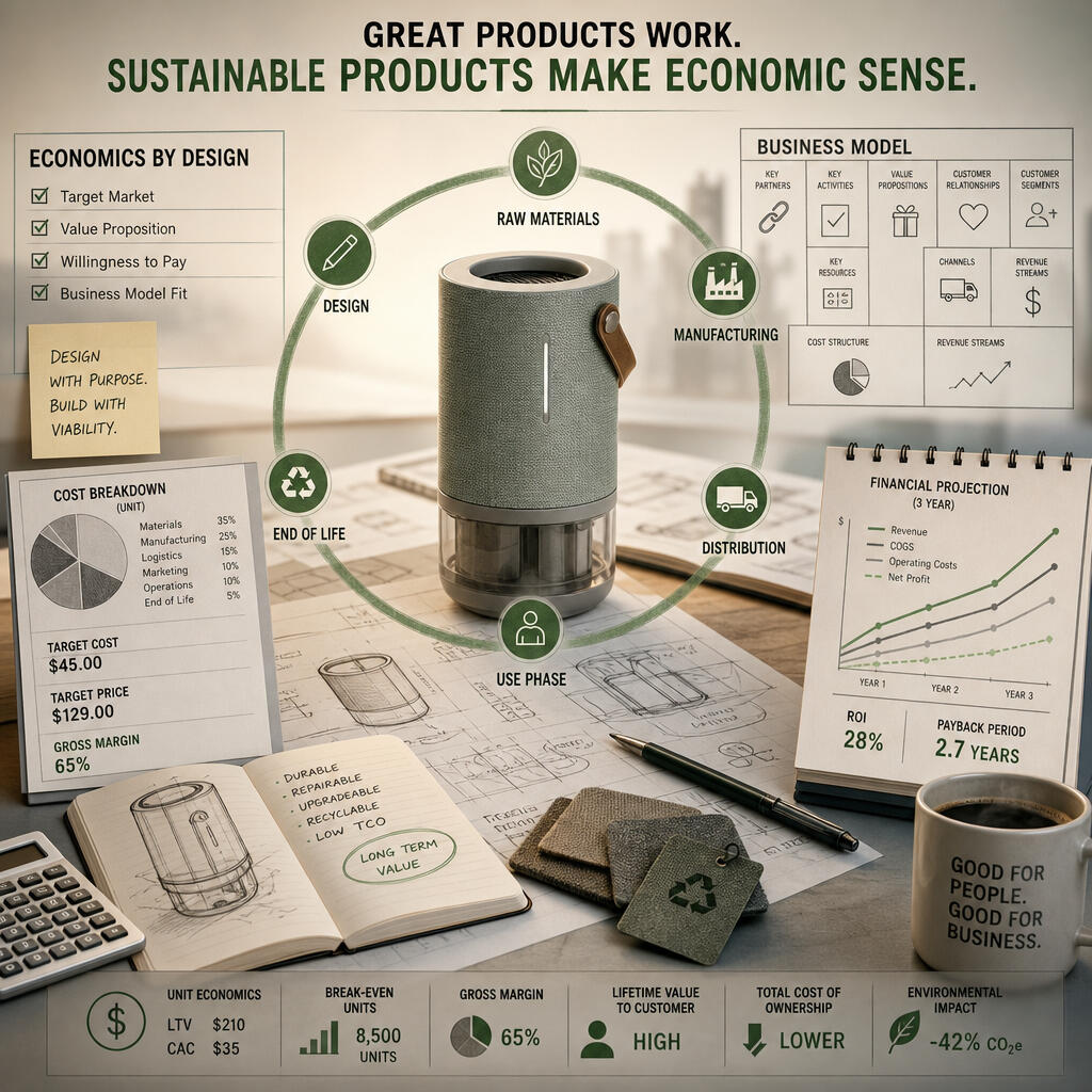 A desktop with various elements associated with the economics of healthcare, with graphs, and words like business mode, "economics by design" cost breakdown, financial projection.
