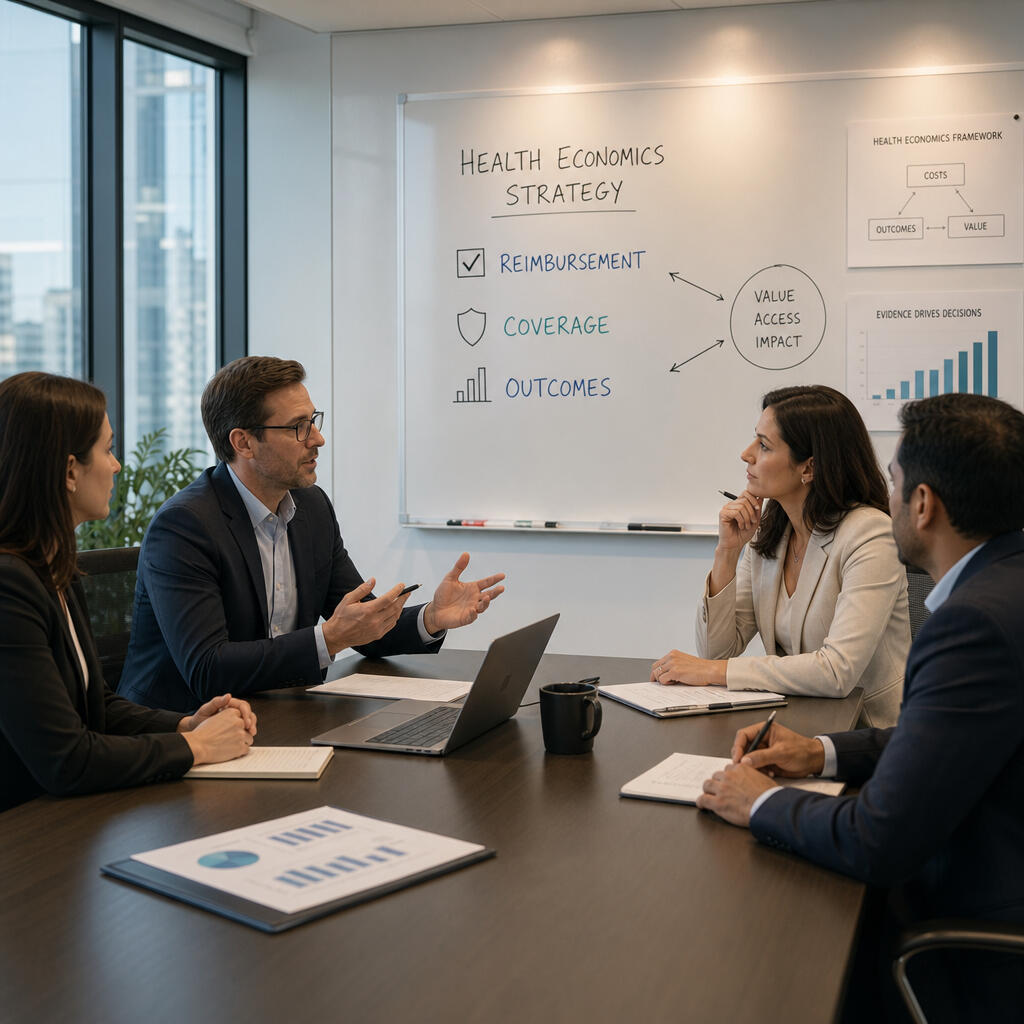 A man and a woman in a meeting room discussing Health Economic strategy, including outcomes, coverage and reimbursement