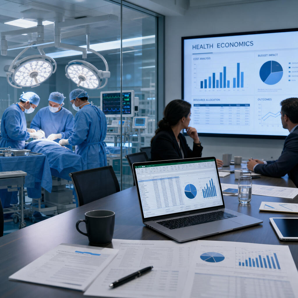 A meeting room where health economics is being discussed adjacent to an operating room with an ongoing active